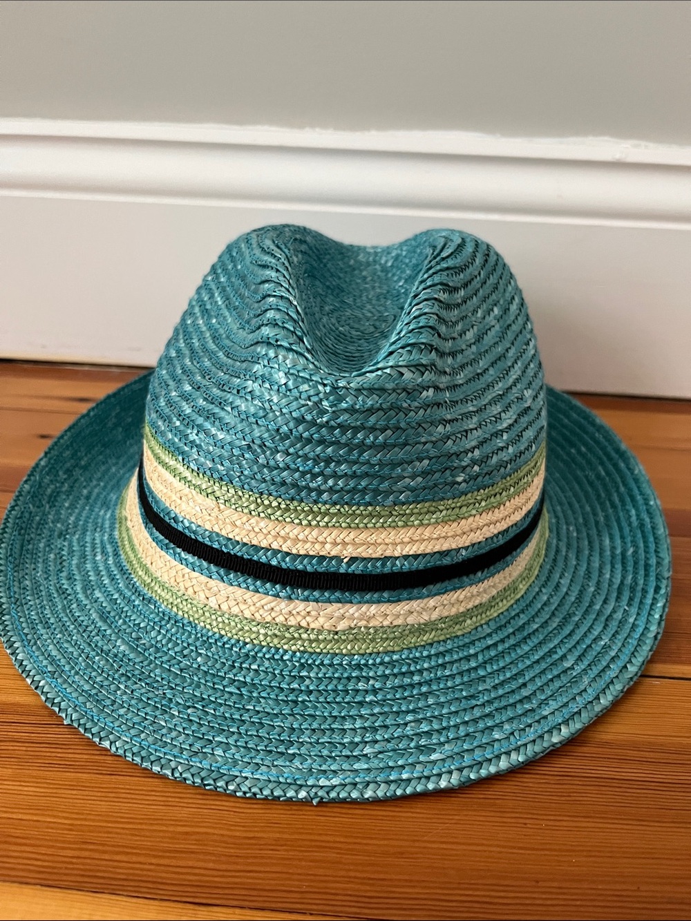 PRADA Turquoise Straw Fedora with Strip Detail